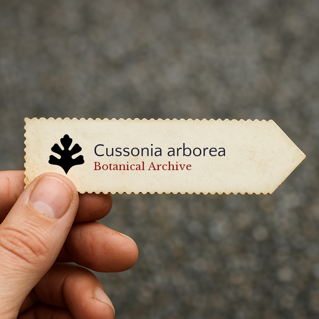 Printed plant label for Cussonia arborea with botanical archive logo held by hand