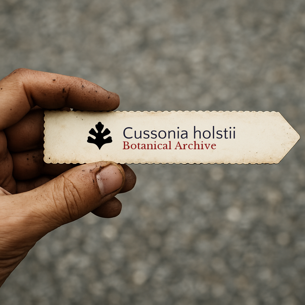 Printed plant label for Cussonia holstii with botanical archive logo held by hand