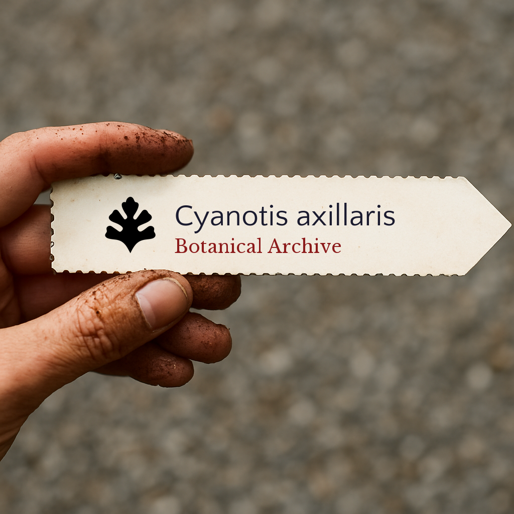 Printed plant label for Cyanotis axillaris held by dirty hand with blurred background