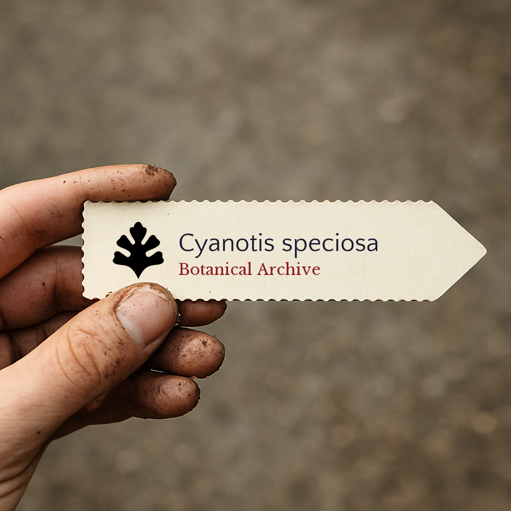 Etichetta floreale stampata per Cyanotis speciosa tenuta da mano sporca contro sfondo sfocato