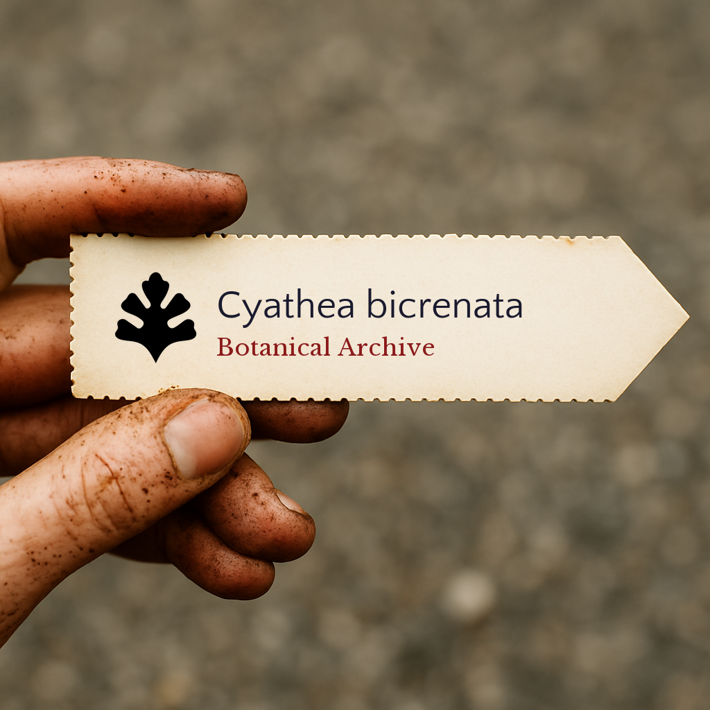 Etichetta botanica stampata per Cyathea bicrenata tenuta da una mano sporca all'aperto