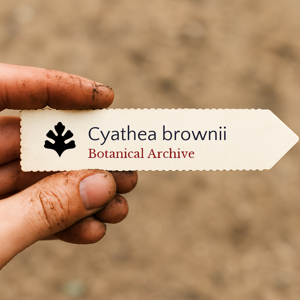 Printed plant label for Cyathea brownii held by dirty hand with blurred soil background