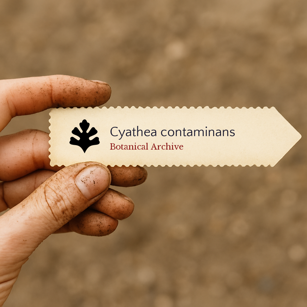 Printed plant label for Cyathea contaminans held by dirty hand with blurred soil background
