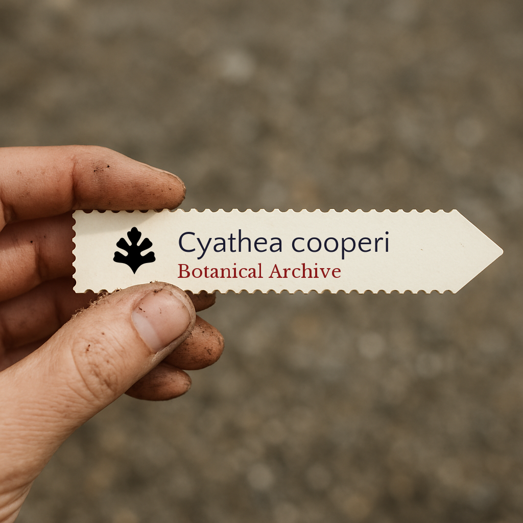 Printed plant label for Cyathea cooperi held by hand with dirt background