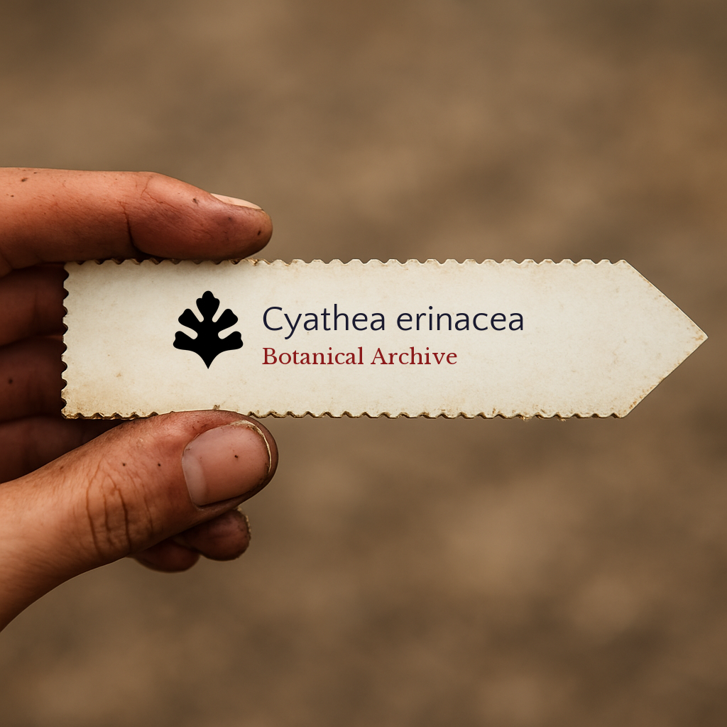 Printed plant label for Cyathea erinacea with botanical archive logo held by hand
