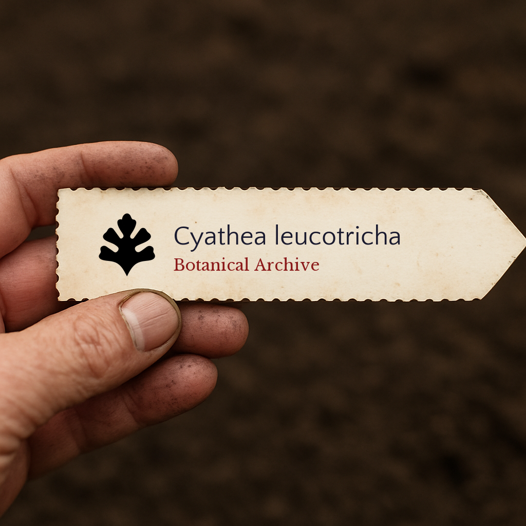 Printed plant label for Cyathea leucotricha held over soil background