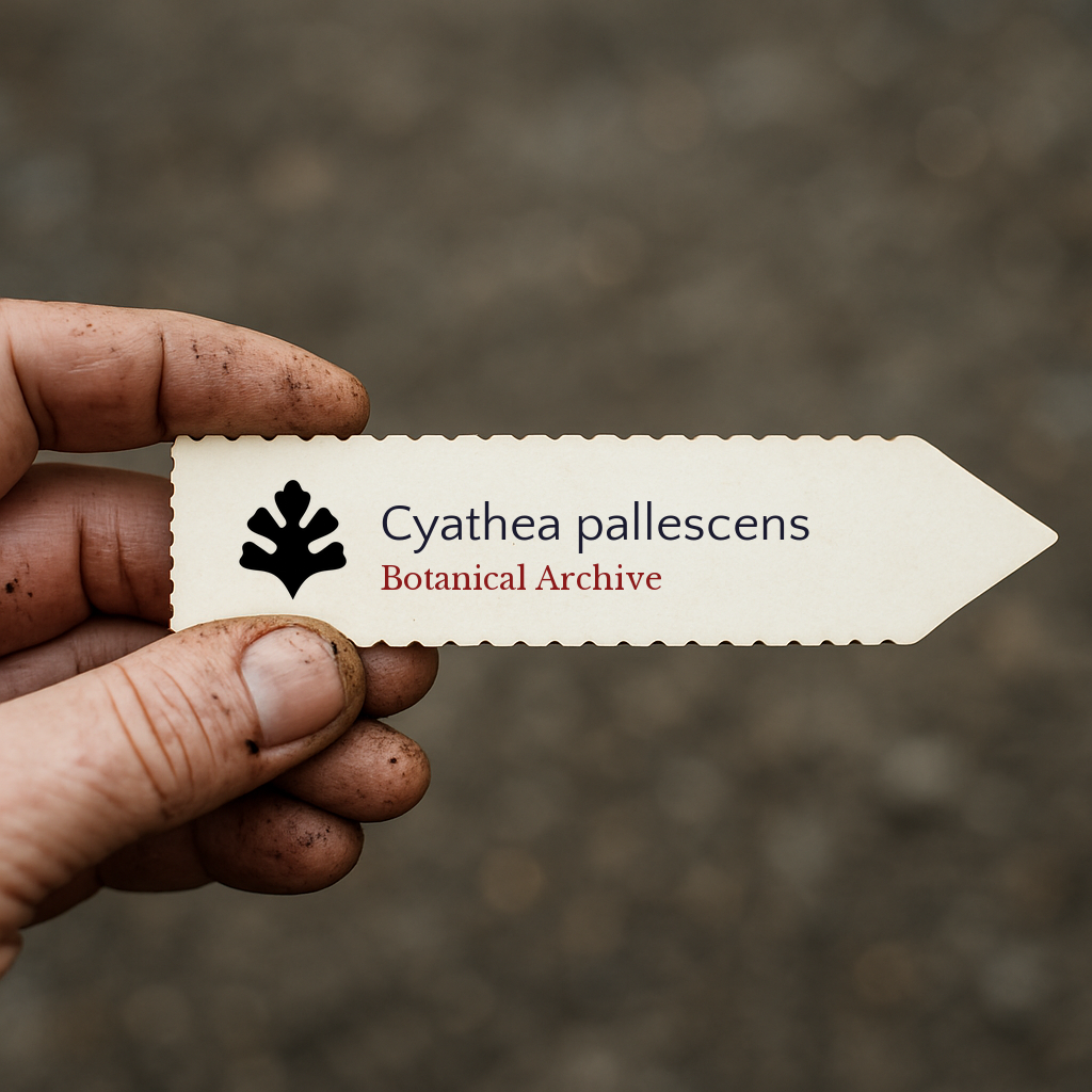 Etichetta per pianta stampata per Cyathea pallescens con il logo di Botanical Archive tenuta da una mano sporca