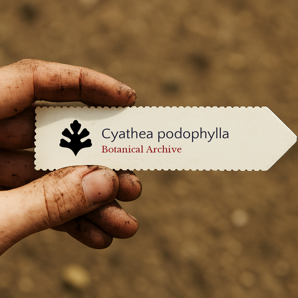 Printed plant label for Cyathea podophylla held by dirty hand over soil background