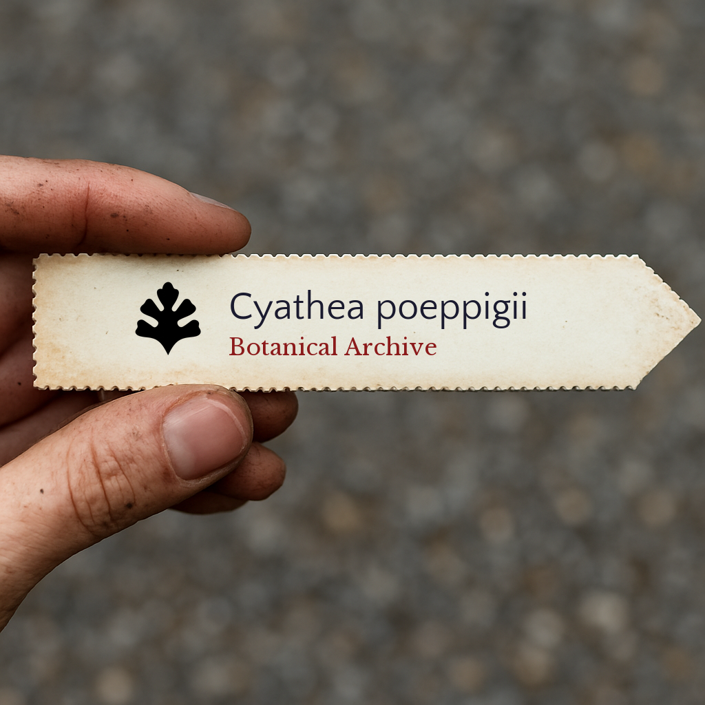 Printed plant label for Cyathea poeppigii held by hand with botanical archive logo