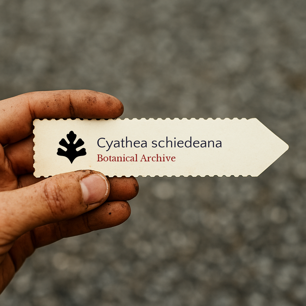 Printed plant label for Cyathea schiedeana held by a dirty hand outdoors