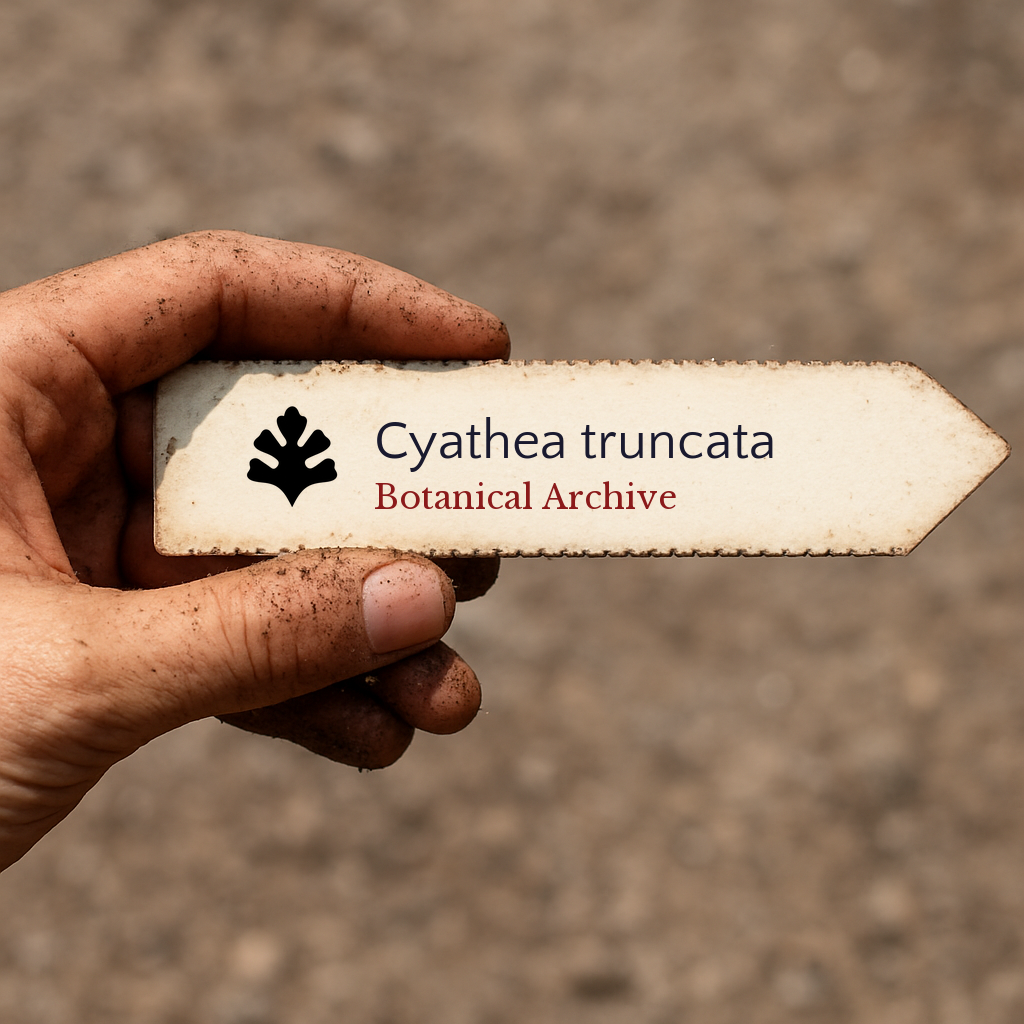 Printed plant label for Cyathea truncata held by dirty hand with blurred background