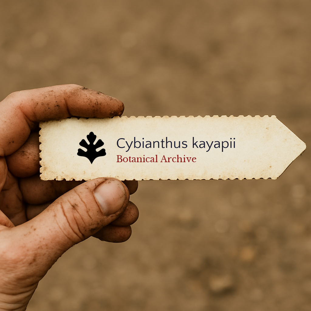 Printed plant label for Cybianthus kayapii held by dirty hand outdoors