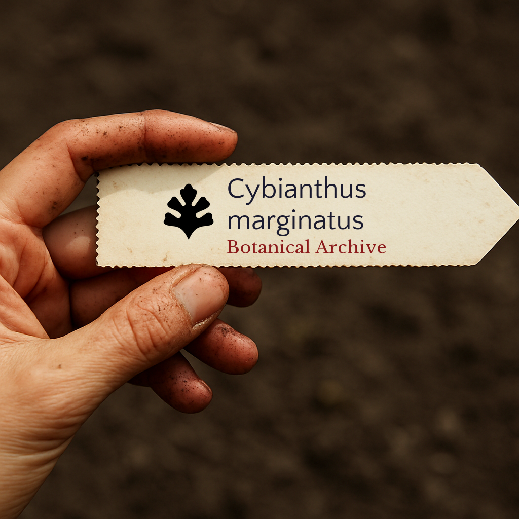 Printed plant label for Cybianthus marginatus held by a dirty hand over soil background