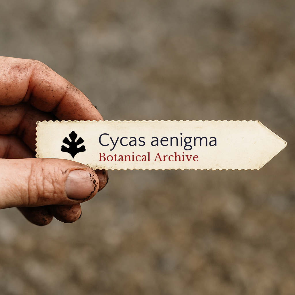 Printed plant label for Cycas aenigma held by dirty hand with blurred background