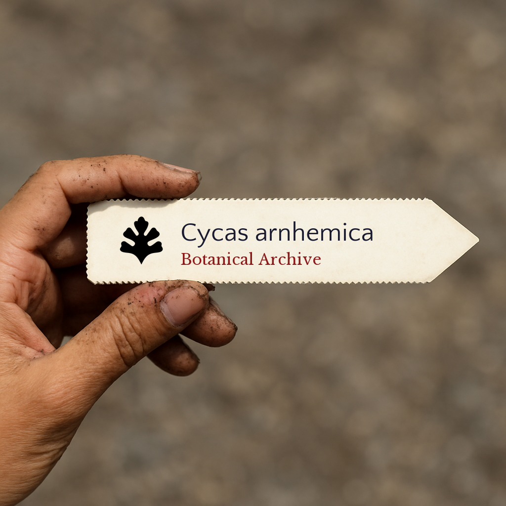 Etichetta della pianta stampata per Cycas arnhemica con il logo Botanical Archive tenuta a mano