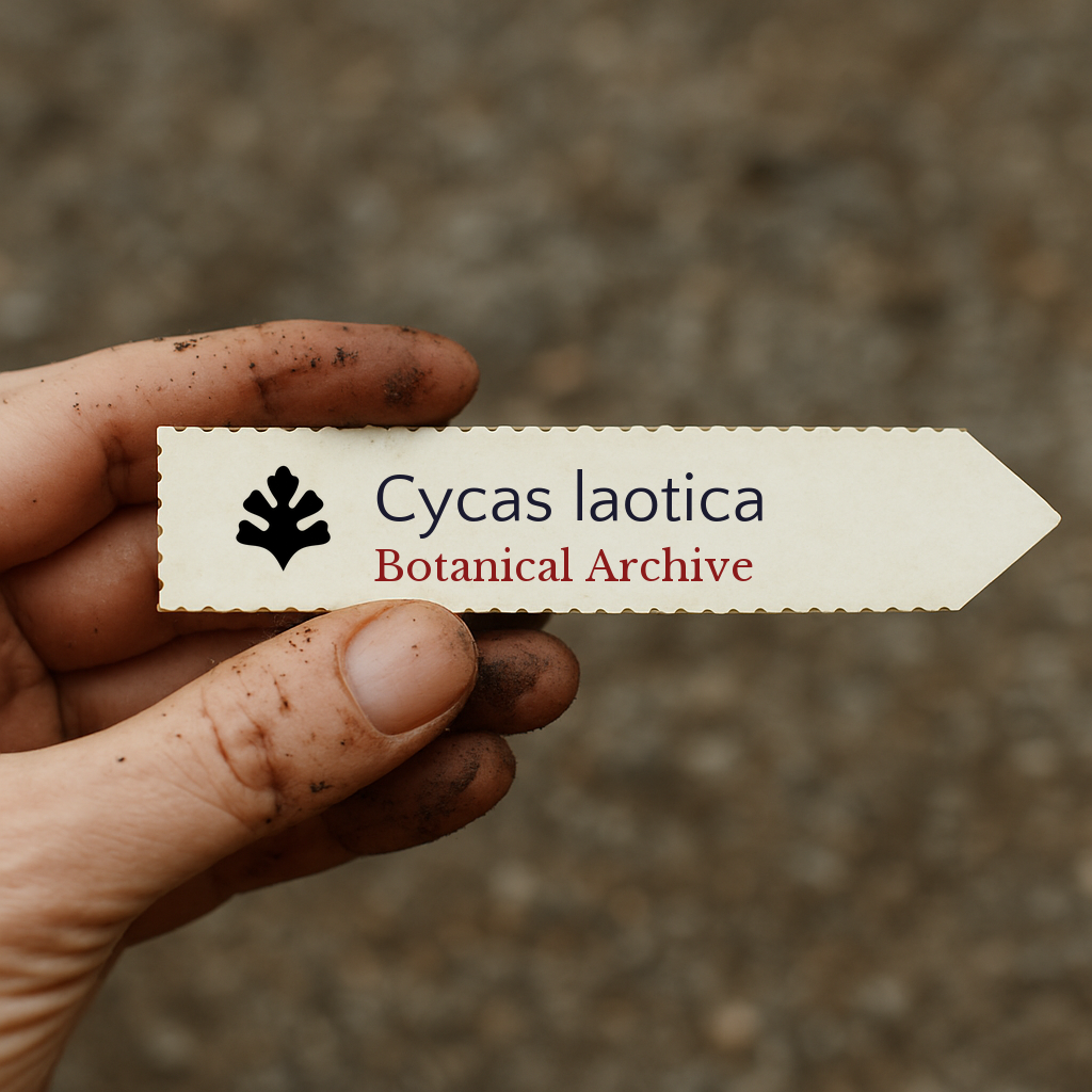 Etichetta per pianta stampata per Cycas laotica tenuta da una mano sporca con sfondo di terriccio