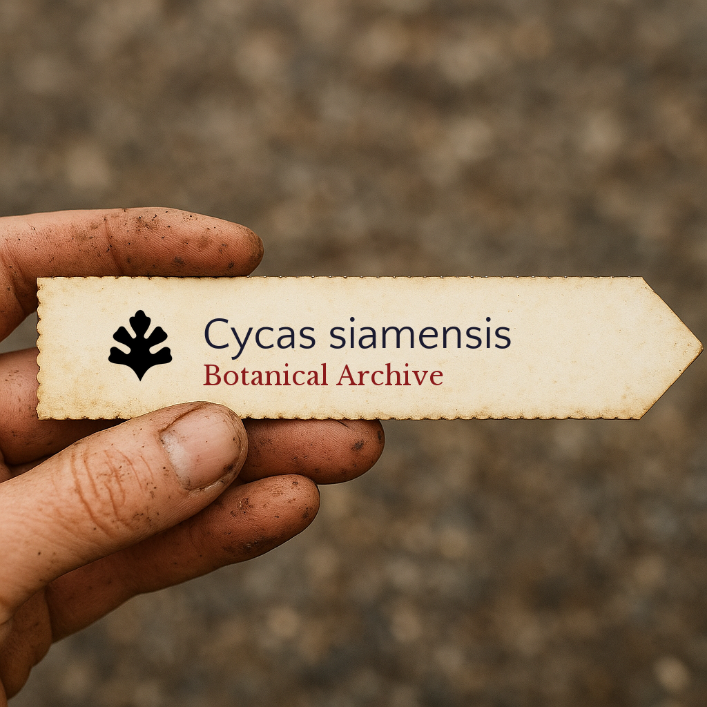 Printed plant label for Cycas siamensis held by dirty hand outdoors