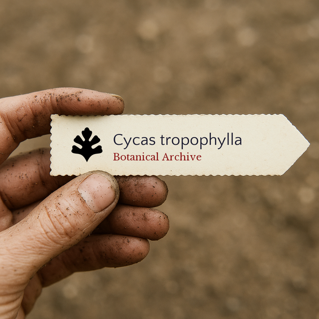 Printed plant label for Cycas tropophylla held by dirty hand against soil background