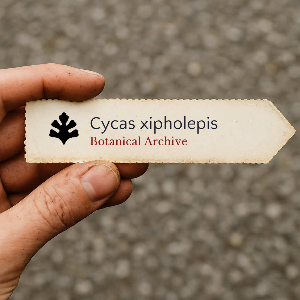 Printed botanical archive label for Cycas xipholepis held by hand outdoors