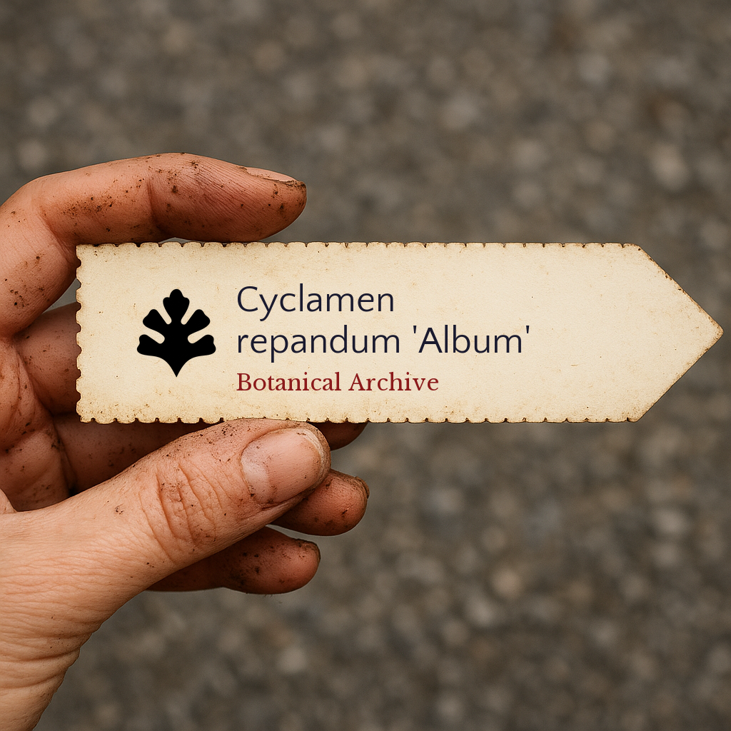 Printed plant label for Cyclamen repandum 'Album' held by dirty hand outdoors