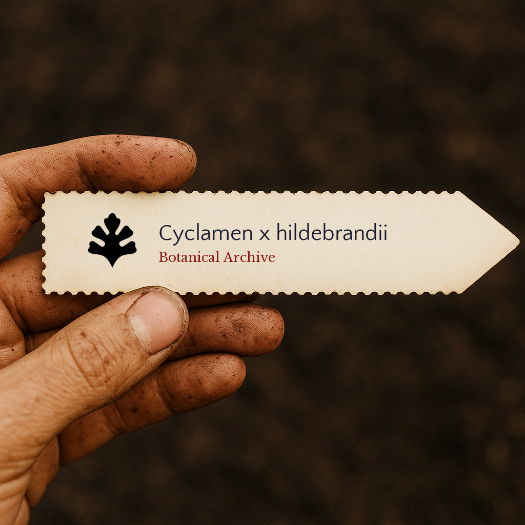 Printed plant label for Cyclamen x hildebrandii held by dirty hand over soil background