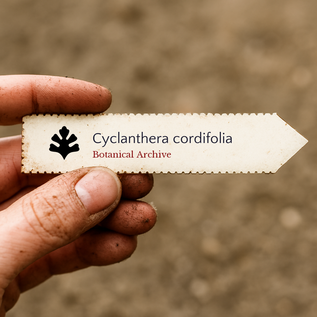 Printed plant label for Cyclanthera cordifolia held by dirty hand against soil background
