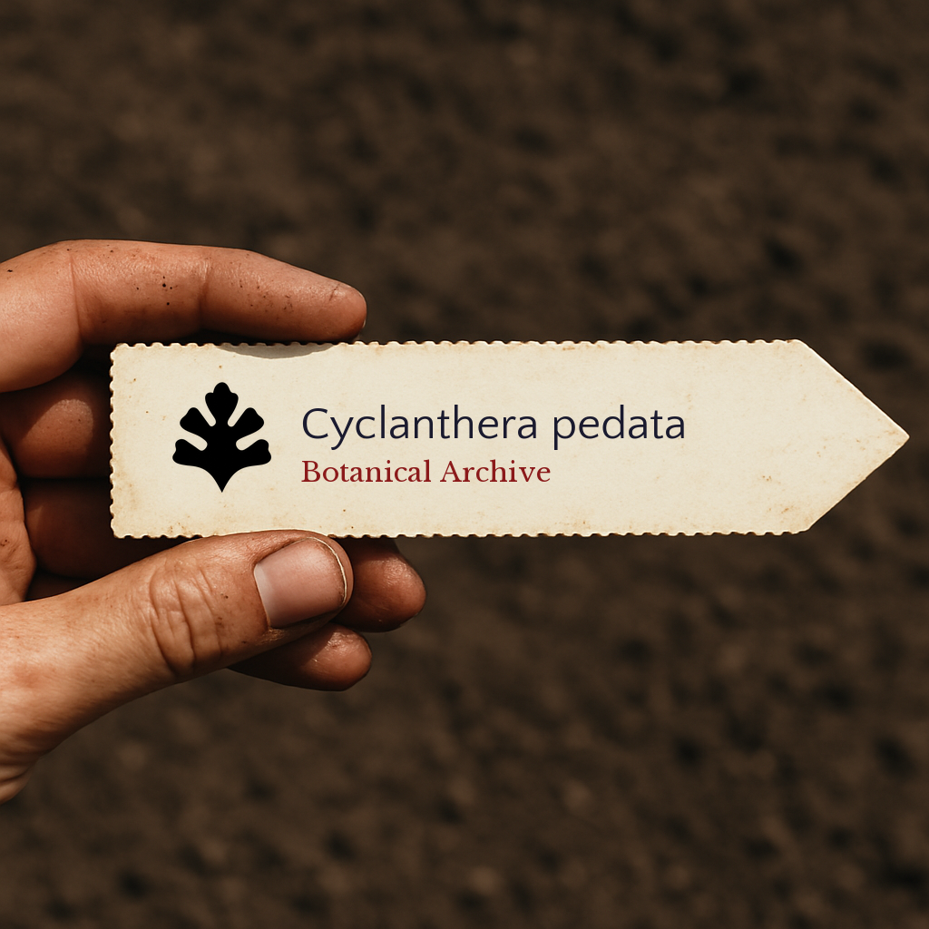 Printed plant label for Cyclanthera pedata held over soil background