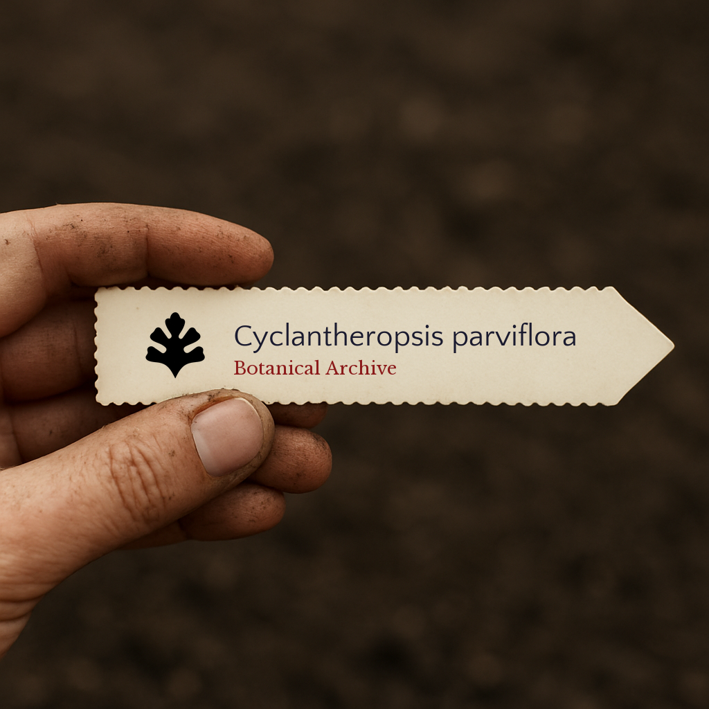 Printed plant label for Cyclantheropsis parviflora held by hand over soil background