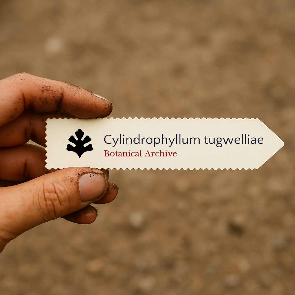Printed plant label for Cylindrophyllum tugwelliae held by dirty hand outdoors
