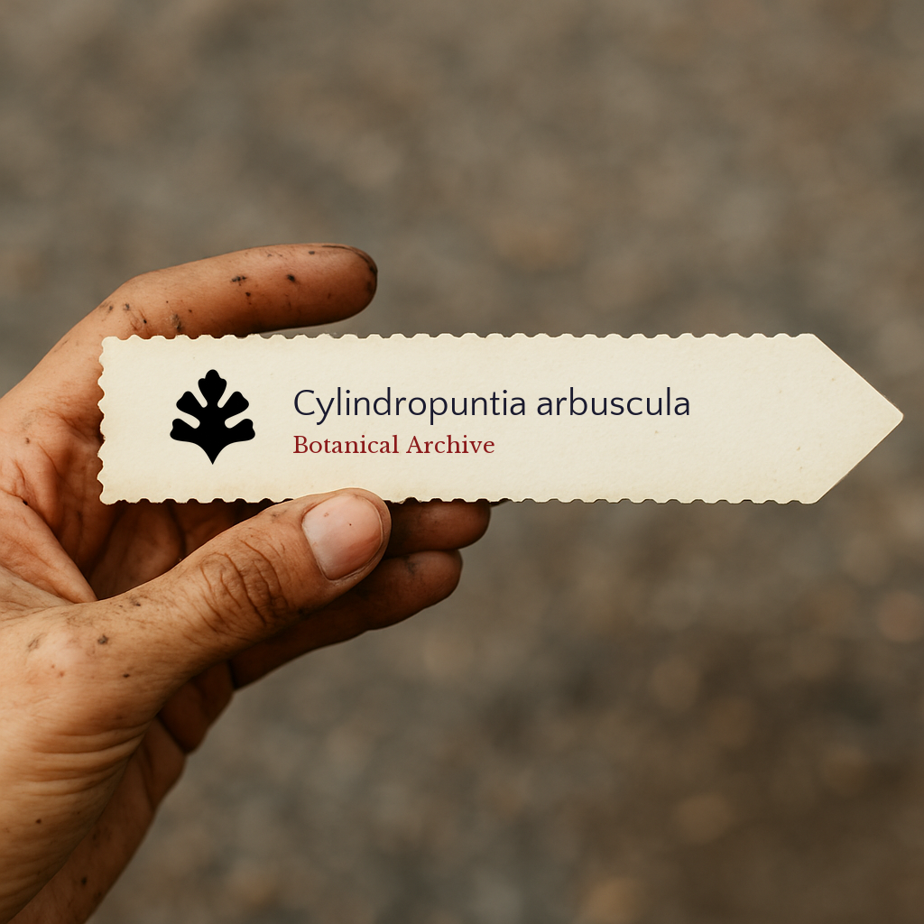Etichetta per pianta stampata per Cylindropuntia arbuscula tenuta da mano sporca all'aperto
