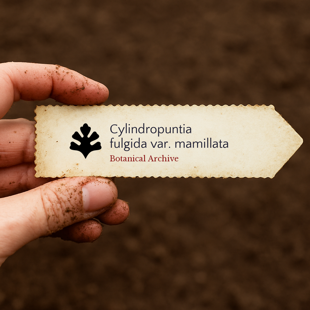 Printed plant label for Cylindropuntia fulgida var. mamillata held by dirty hand over soil background