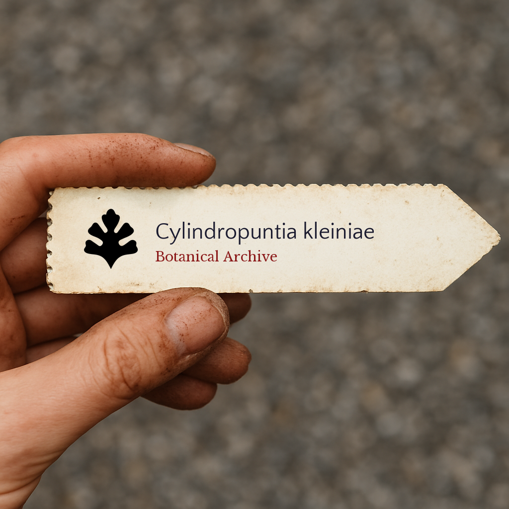 Printed plant label for Cylindropuntia kleiniae held by hand with dirt background