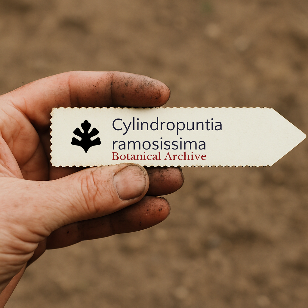 Printed plant label for Cylindropuntia ramosissima held by dirty hand against soil background