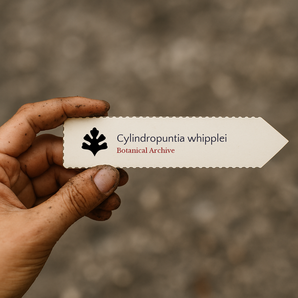 Printed plant label for Cylindropuntia whipplei held by hand with soil background
