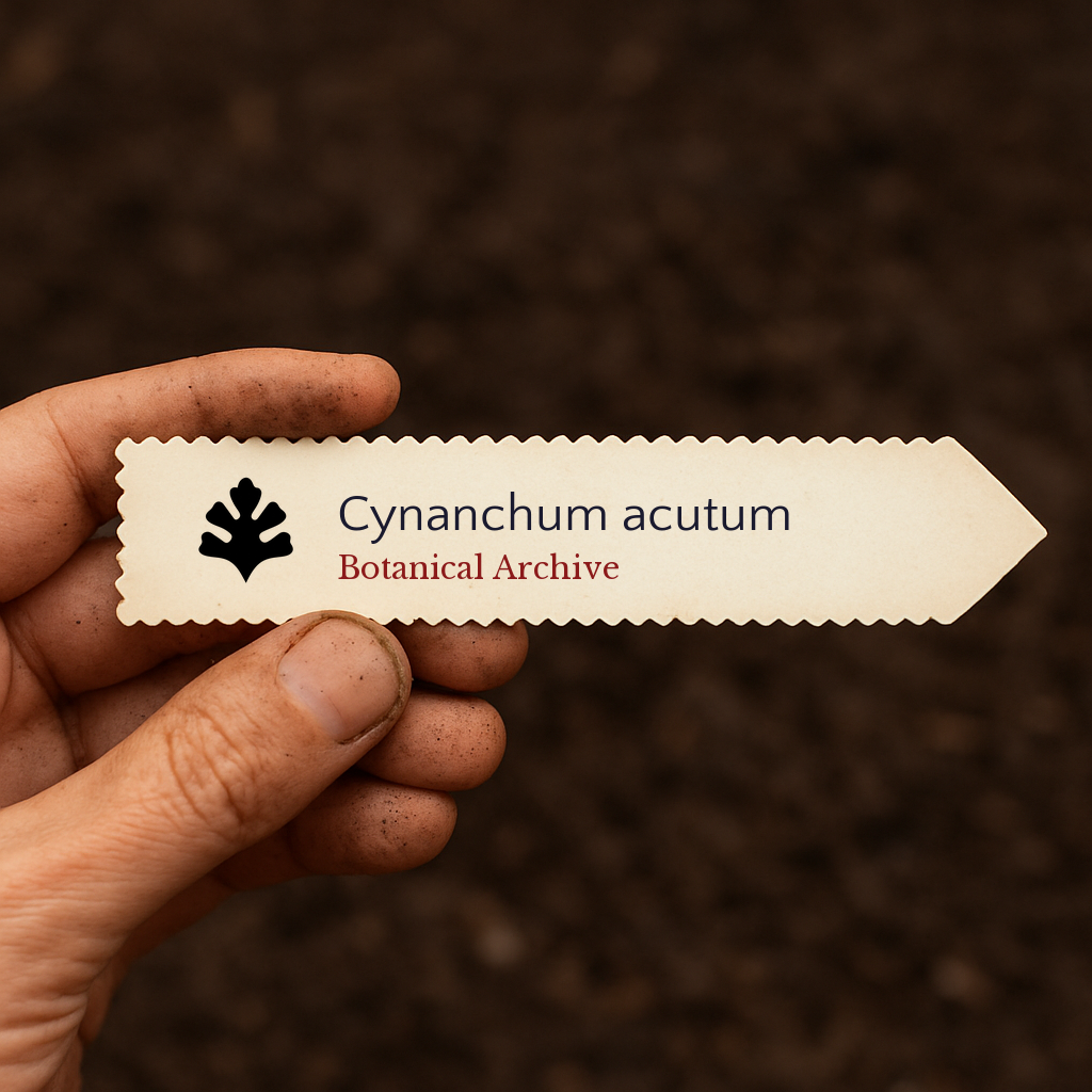Printed plant label for Cynanchum acutum held over soil background