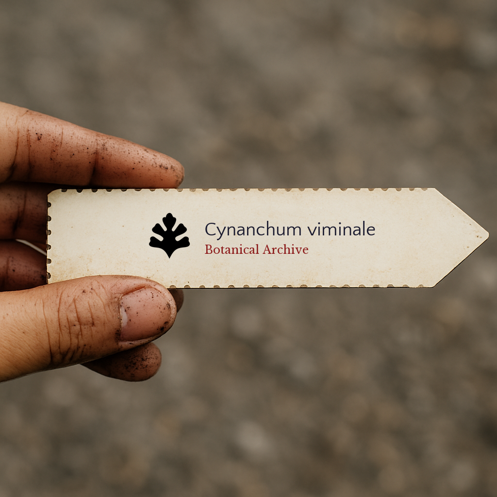 Printed plant label for Cynanchum viminale held by dirty hand outdoors
