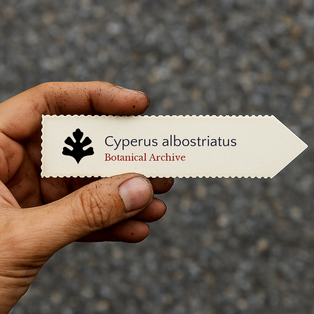 Printed plant label for Cyperus albostriatus held by hand with soil-stained fingers