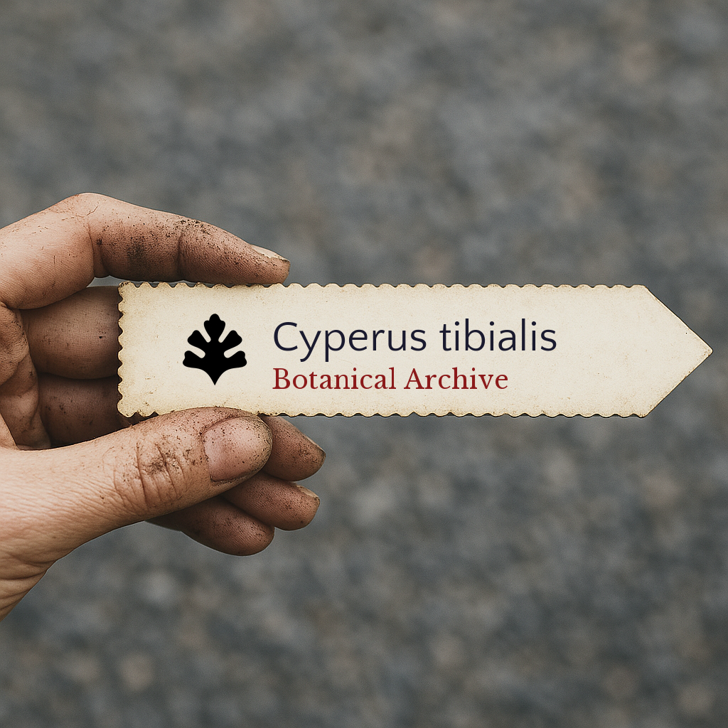 Etichetta per pianta stampata per Cyperus tibialis tenuta da mano sporca all'aperto