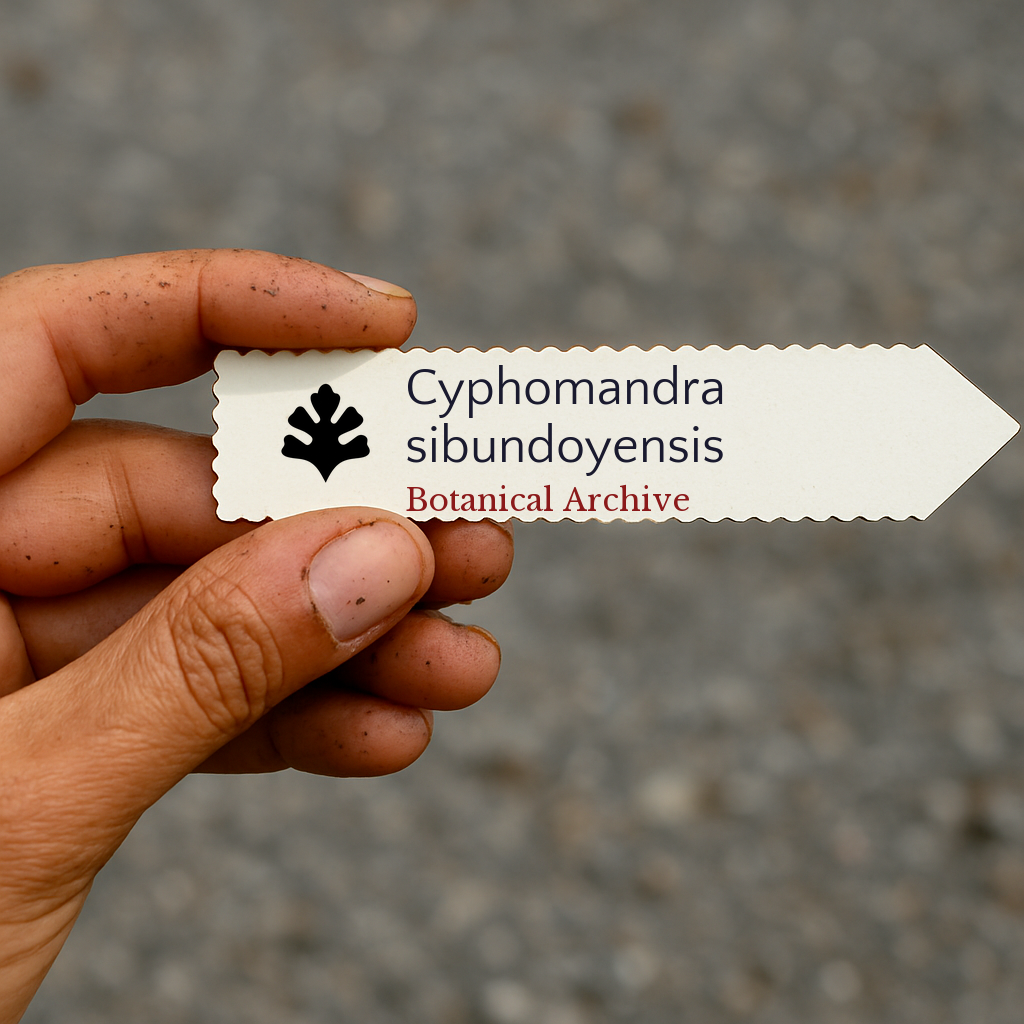 Printed plant label for Cyphomandra sibundoyensis held by hand with dirt background