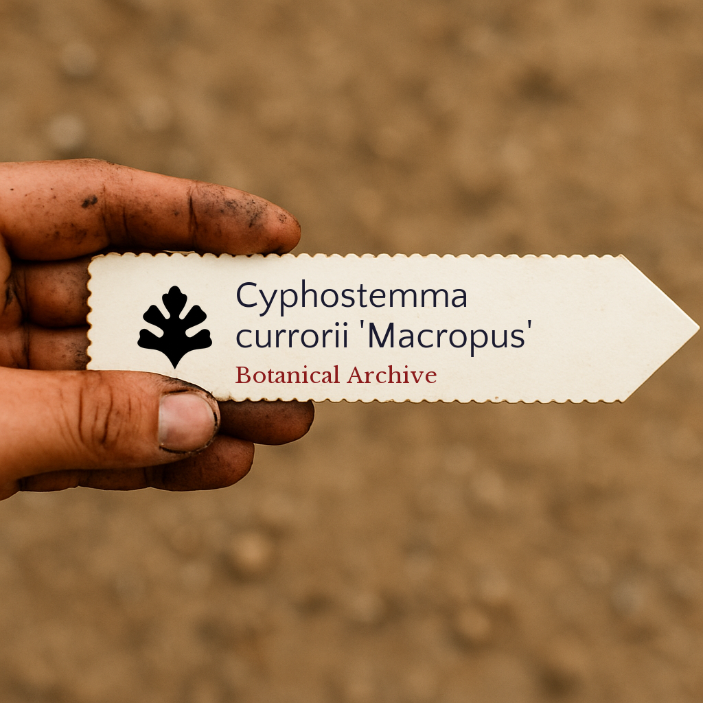 Printed plant label for Cyphostemma currorii 'Macropus' held by hand with dirt background