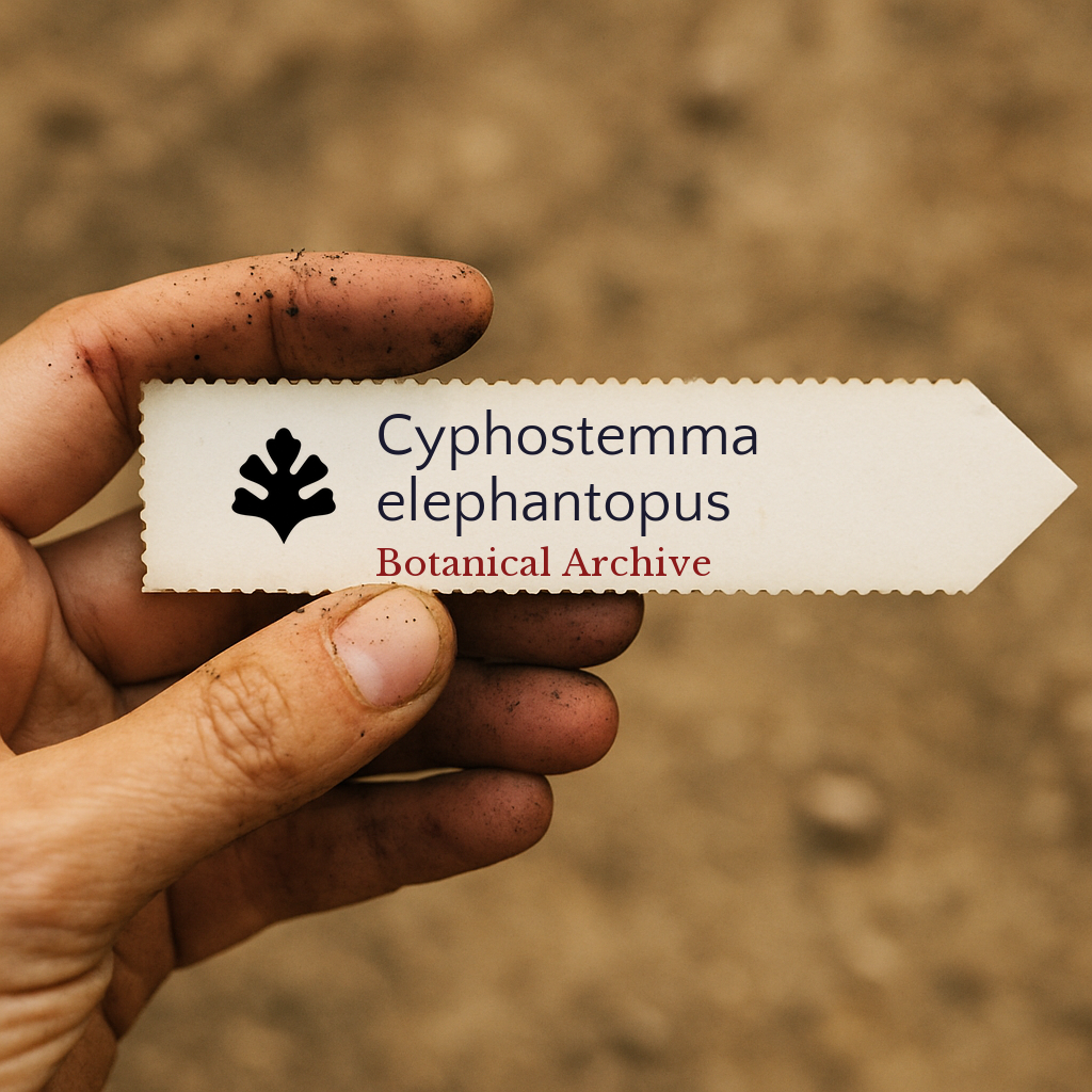 Printed plant label for Cyphostemma elephantopus held by dirty hand against soil background