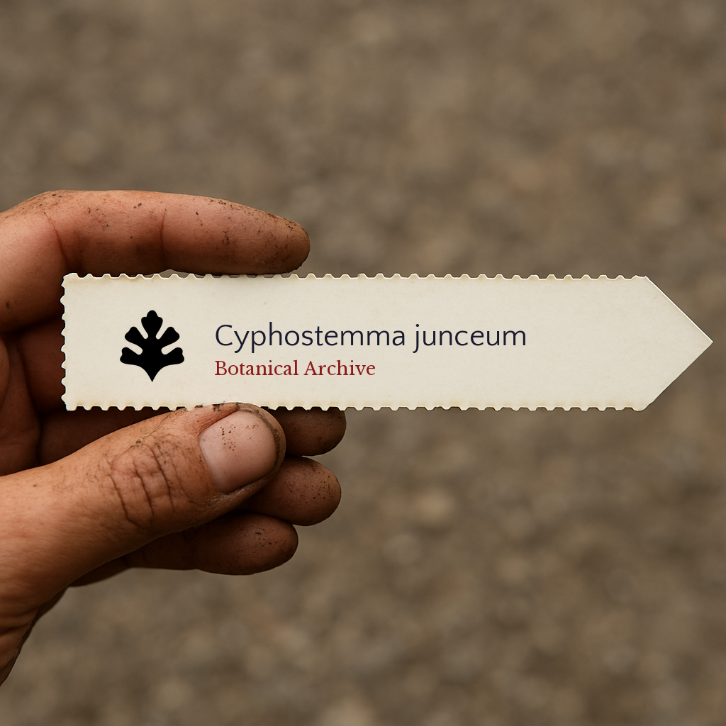 Printed plant label for Cyphostemma junceum held by hand with dirt background