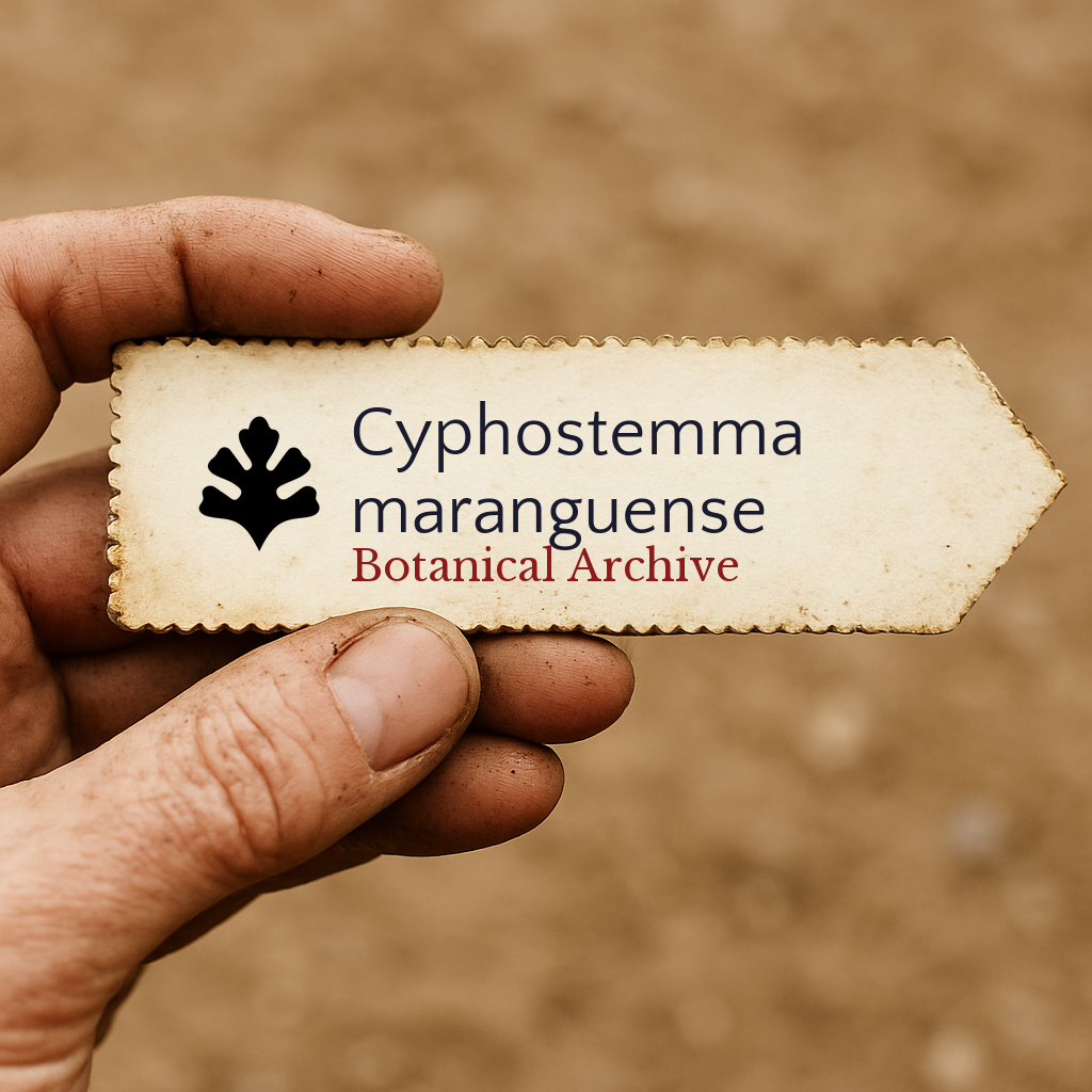 Etichetta per pianta stampata per Cyphostemma maranguense con il logo Botanical Archive in mano