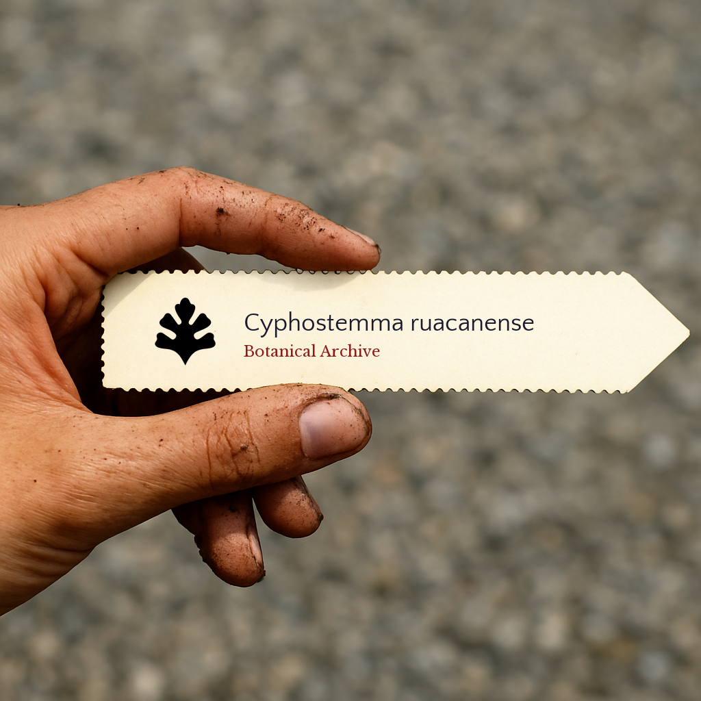 Printed plant label for Cyphostemma ruacanense held by dirty hand outdoors