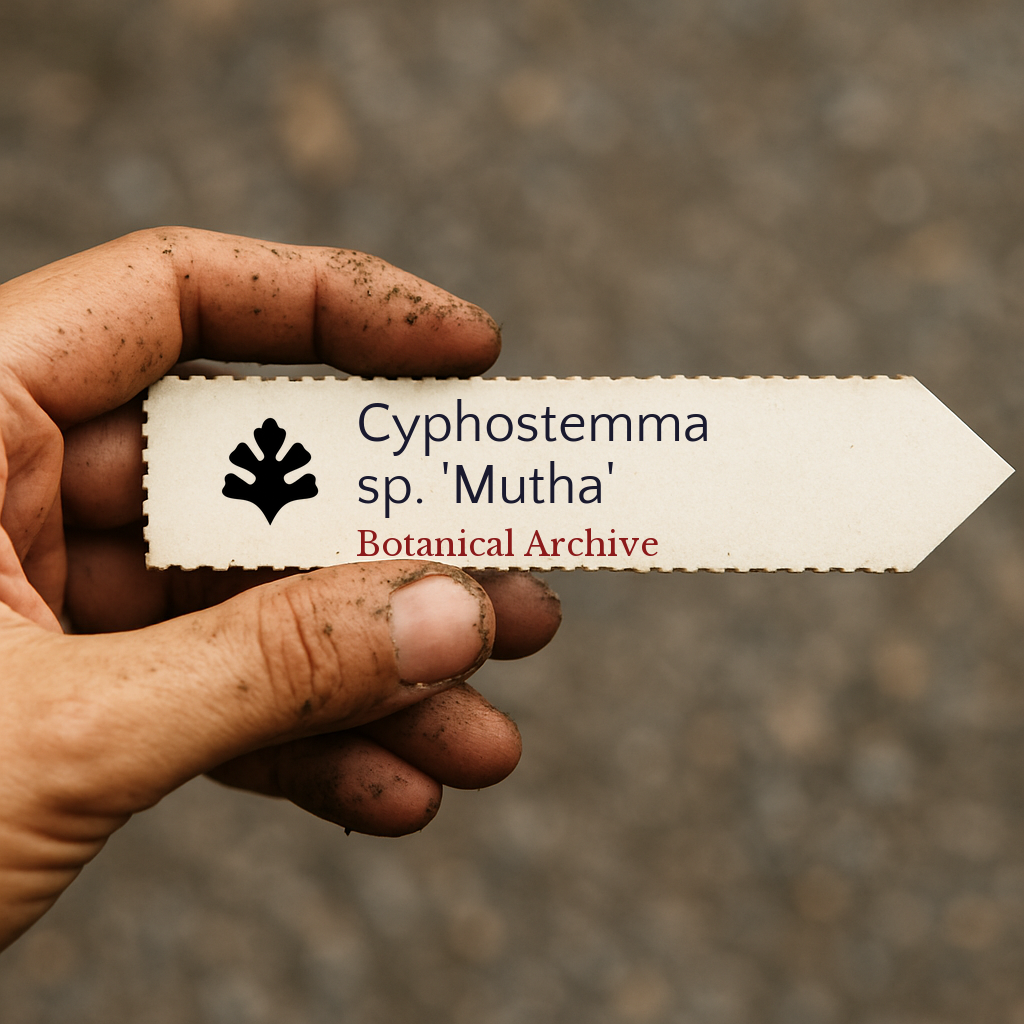 Printed plant label for Cyphostemma sp. 'Mutha' held by dirty hand outdoors