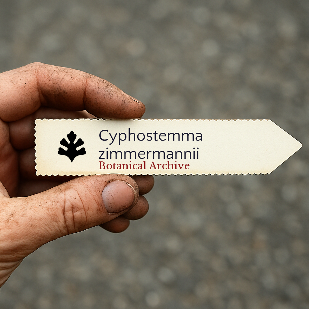 Printed plant label for Cyphostemma zimmermannii held by dirty hand outdoors