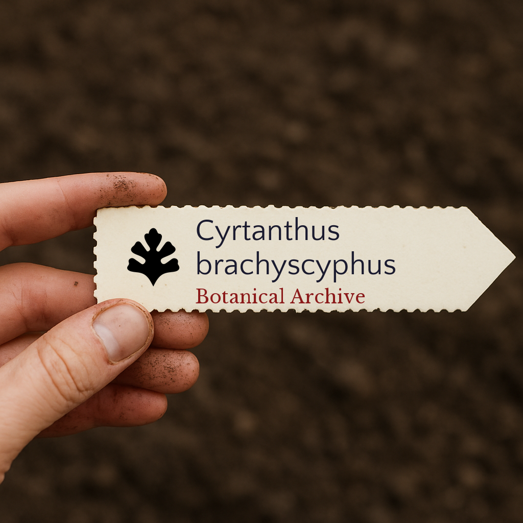 Printed plant label for Cyrtanthus brachyscyphus held over soil background