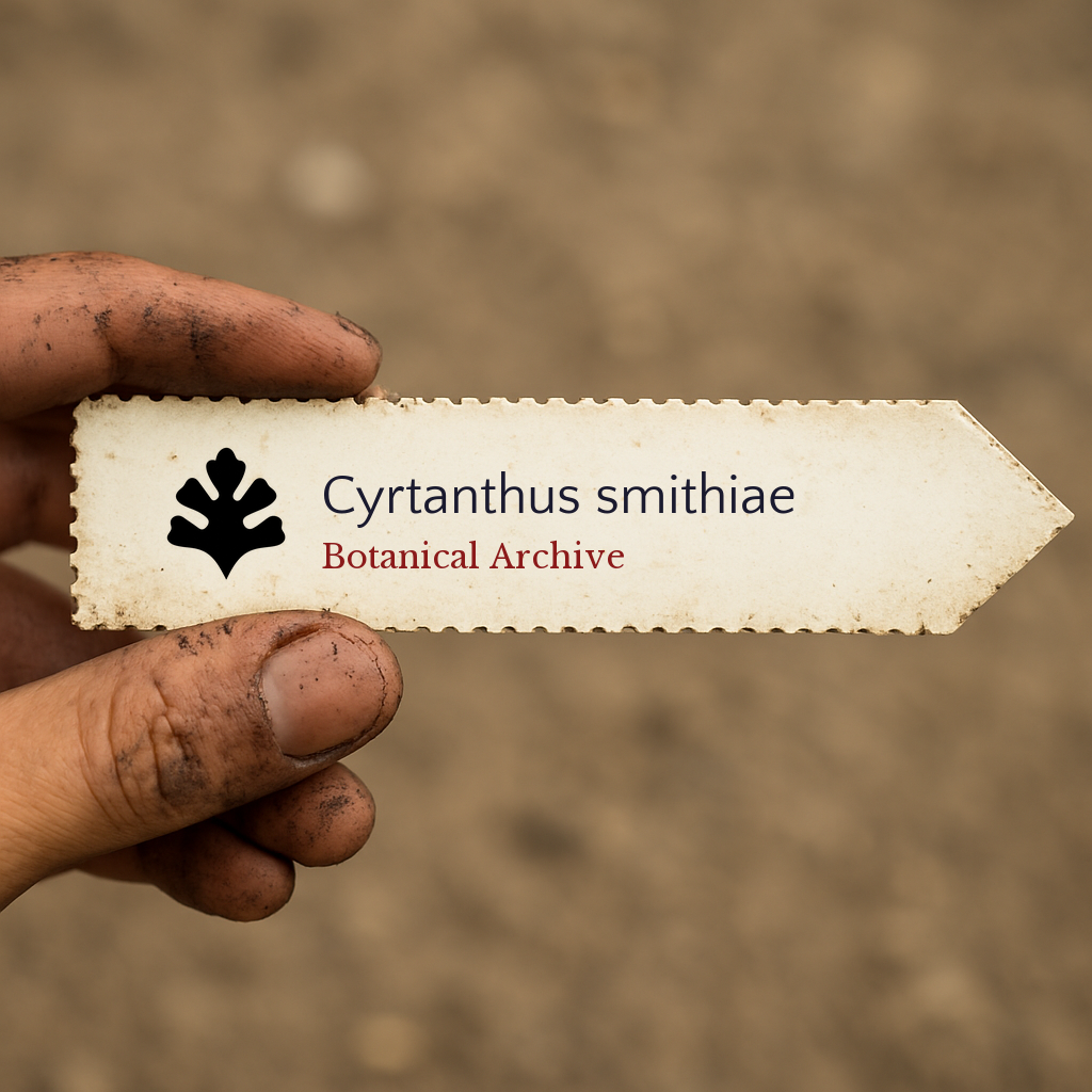 Printed plant label for Cyrtanthus smithiae held by dirty hand outdoors