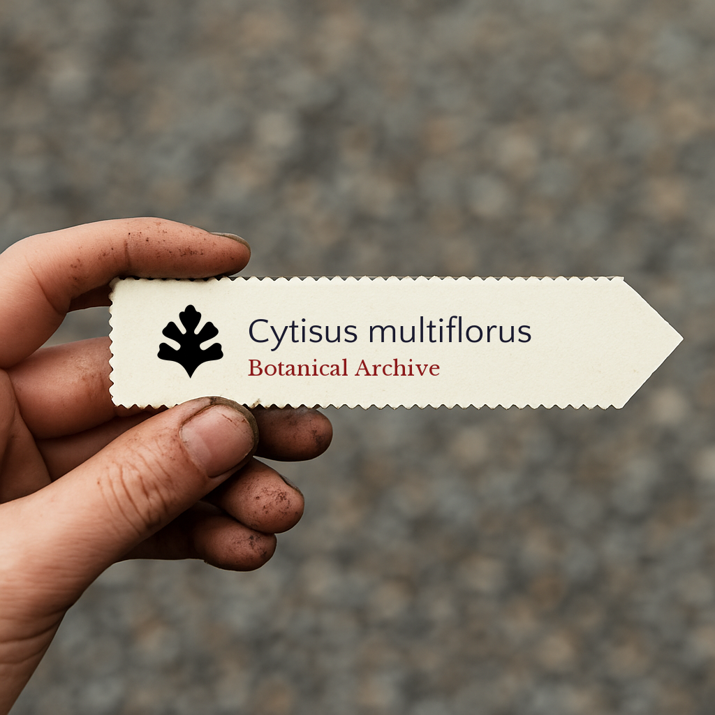 Etichetta per pianta stampata per Cytisus multiflorus tenuta a mano con dita macchiate di terra