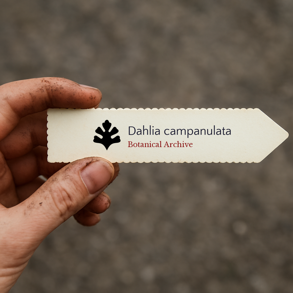 Etichetta per pianta stampata per Dahlia campanulata con logo Botanical Archive tenuta da una mano sporca